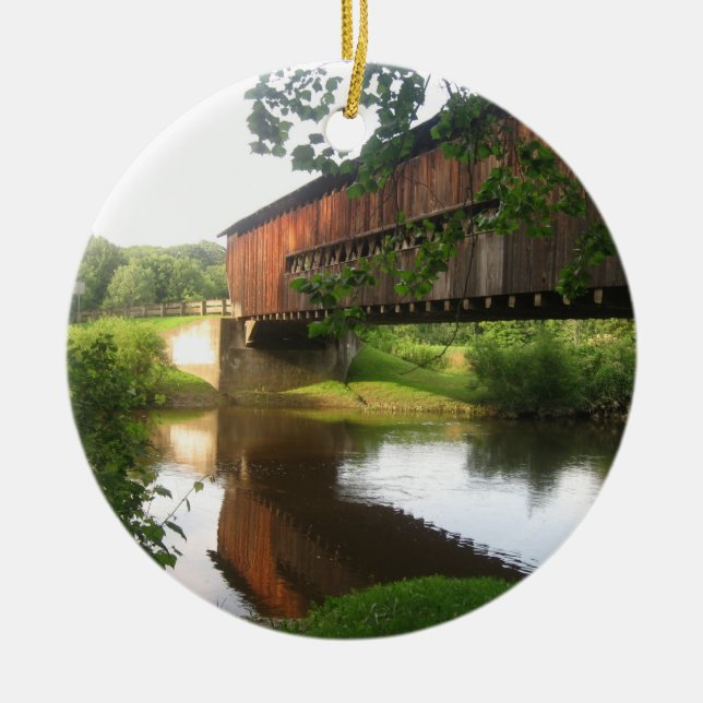 Ohio Covered Bridge and Stream Ceramic Ornament (Front)