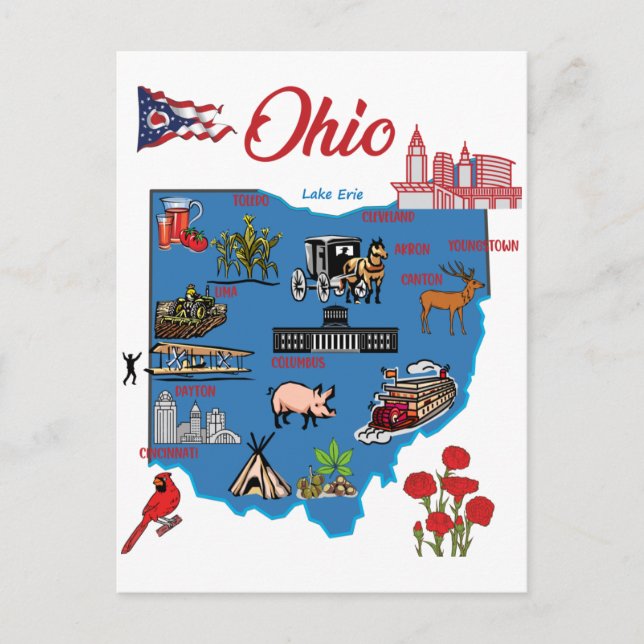Ohio map with major cities Tourist Destinations Postcard (Front)