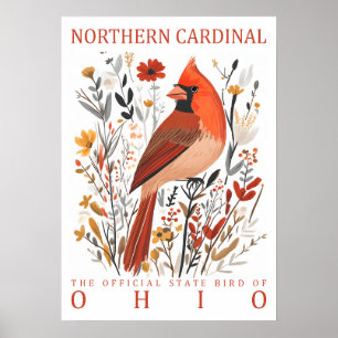 Ohio Northern Cardinal State Bird Botanical Poster