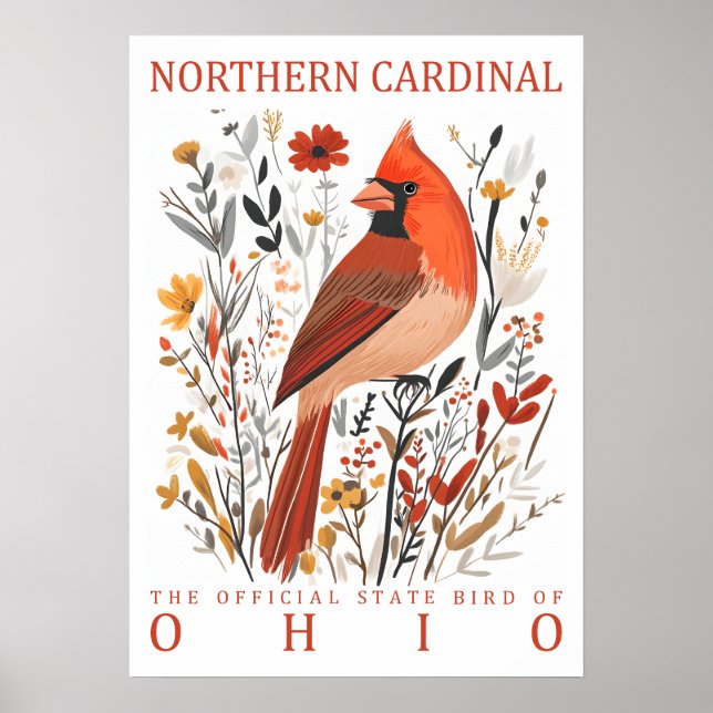 Ohio Northern Cardinal State Bird Botanical Poster (Front)