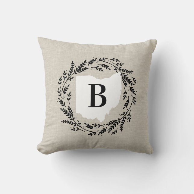 Ohio Rustic Wreath Monogram Throw Pillow (Front)