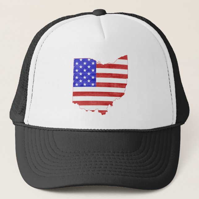 Ohio Shaped American Flag Patriotic Ohioan Buckeye Trucker Hat (Front)