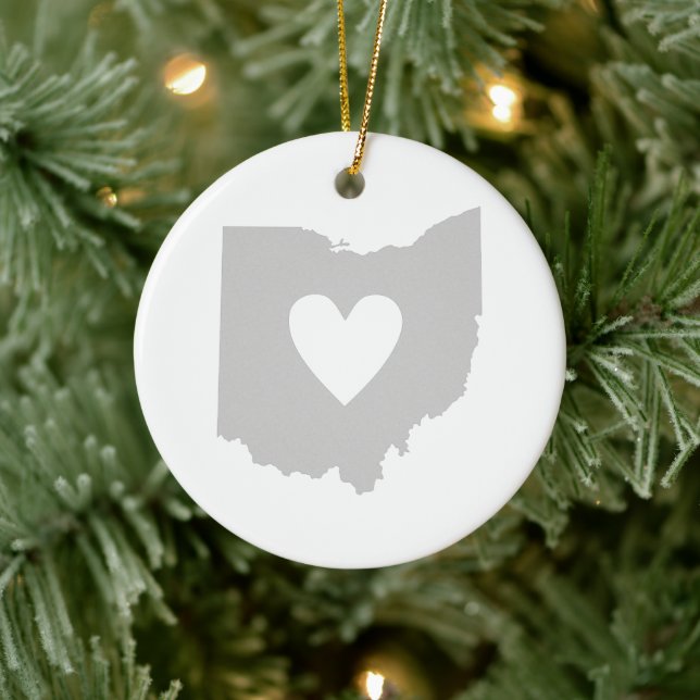 Ohio Shaped Grey Heart Buckeye Love Grey Ohioan Ceramic Ornament (Tree)