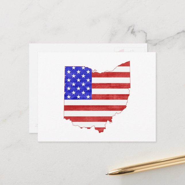 Ohio Shaped Patriotic Ohioan American Flag Buckeye Postcard (Front/Back In Situ)