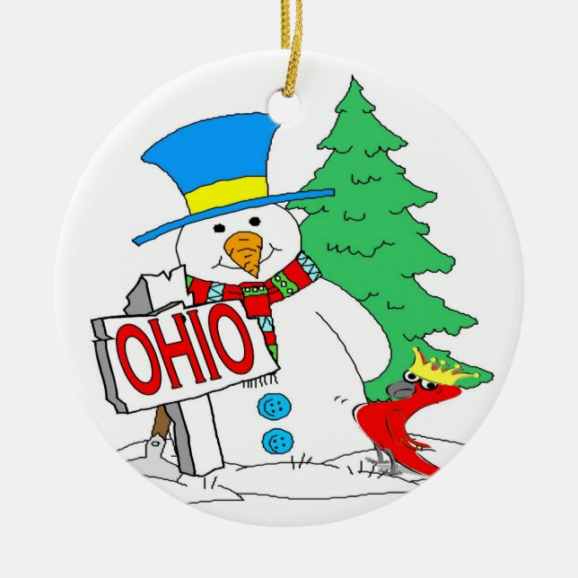 Ohio Snowman Cardinal Ceramic Ornament (Front)
