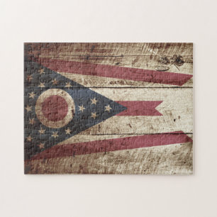 Ohio State Flag on Old Wood Grain Jigsaw Puzzle