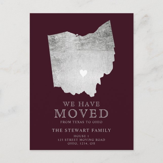 Ohio  state map burgundy silver home moving announcement postcard (Front)