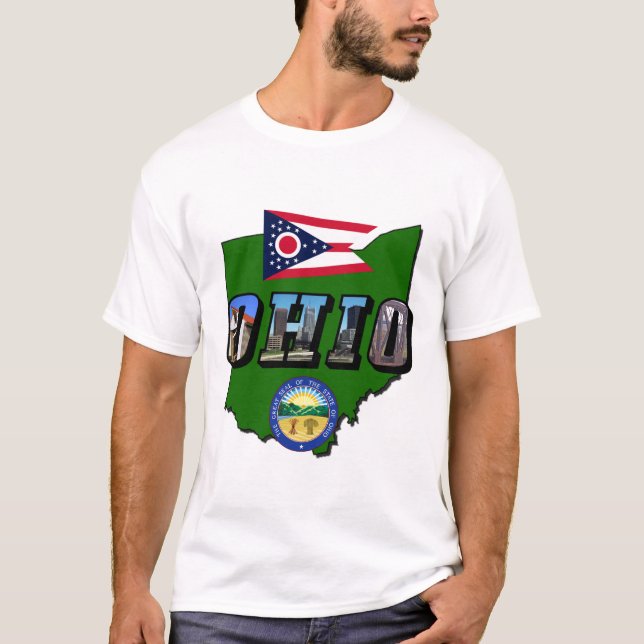 Ohio State Map, Picture Text, Flag and Seal T-Shirt (Front)