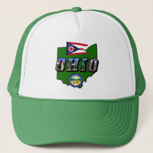 Ohio State Map, Picture Text, Flag and Seal Trucker Hat