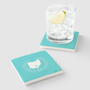Ohio state map wreath leaves monogram stone coaster