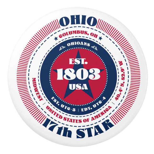 Ohio US State Red White Blue Typography Ceramic Knob (Front)