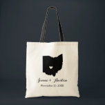 Ohio Wedding Welcome Tote Bag<br><div class="desc">Welcome out of town wedding guests with a bag full of snacks and treats personalized with the state where you're getting married and the bride and groom's names and wedding date. Click Customize It to move the heart to show any city or location on the state map. Use the design...</div>