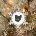 Ohioan Love Ohio Shaped Black Buckeye Chalkboard Snowflake Pewter Christmas Ornament<br><div class="desc">Featuring the silhouette outline map shape of the state of Ohio filled in with a solid black background and the word love written in lower case letters inside, this state love themed Christmas ornament is perfect for anyone who loves Ohio and wants to share it on their tree this holiday...</div>