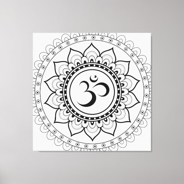 Ohm Mandala Om Mandala White & Black Canvas Print (Front)