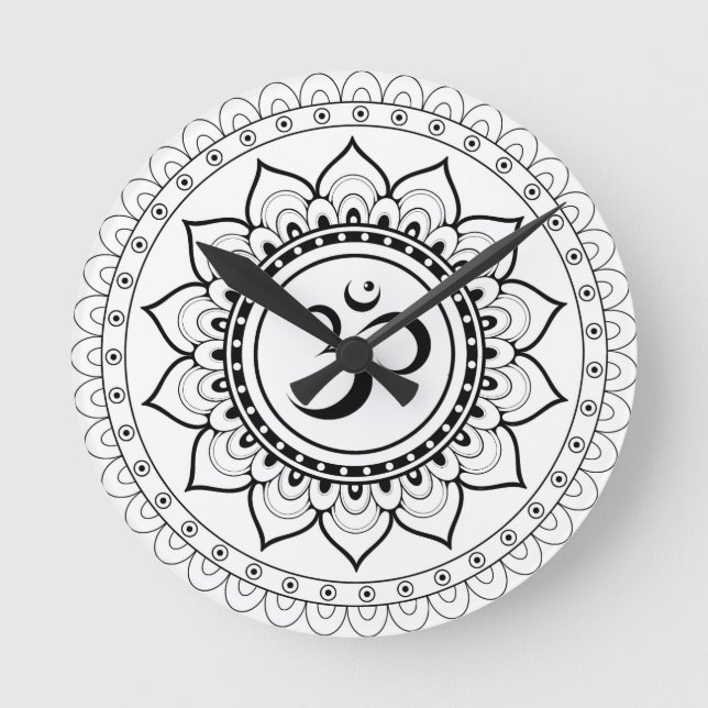 Ohm Mandala Om Mandala White & Black Round Clock (Front)