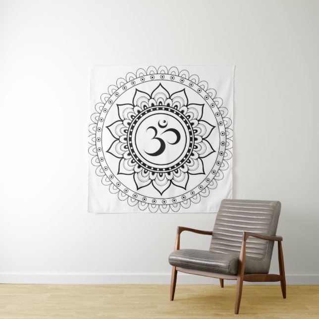 Ohm Mandala Om Mandala White & Black Tapestry (In Situ)