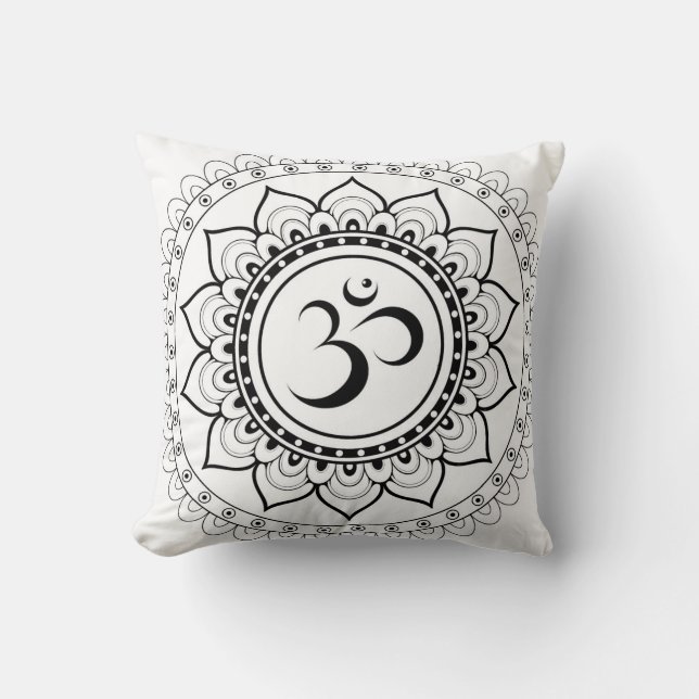 Ohm Mandala Om Mandala White & Black Throw Pillow (Front)