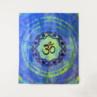 Ohm symbol, mandala - green tapestry