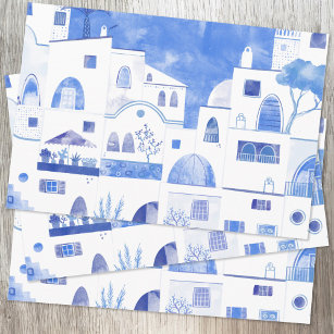 Oia Santorini Greece Watercolor Townscape Painting Wrapping Paper Sheet