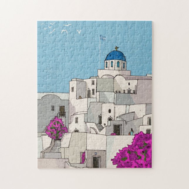 Oia Santorini Island Greece Whimsical Illustration Jigsaw Puzzle (Vertical)