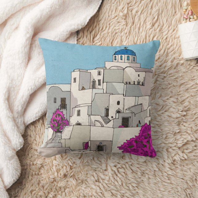 Oia Santorini Island Greece Whimsical Illustration Throw Pillow (Blanket)