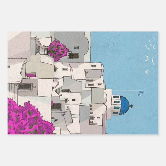 Oia Santorini Island Greece Whimsical Illustration Wrapping Paper Sheet (Front)