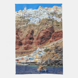 Oia village on Santorini island, north, Greece Kitchen Towel