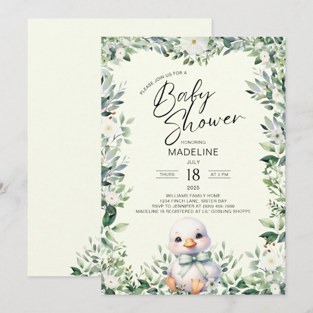 Oie avec Bow Baby shower vert Invitation (Devant / Derrière)