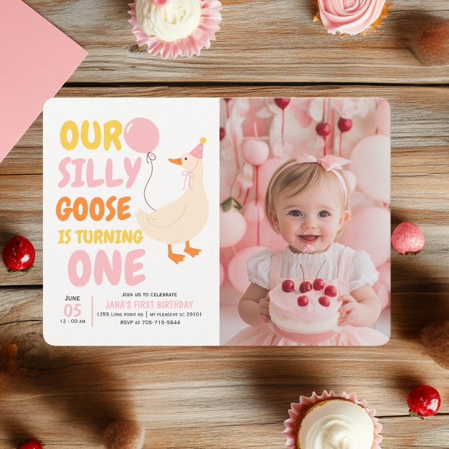 Oie bête 1er anniversaire Invitation avec photo (Créateur téléchargé)