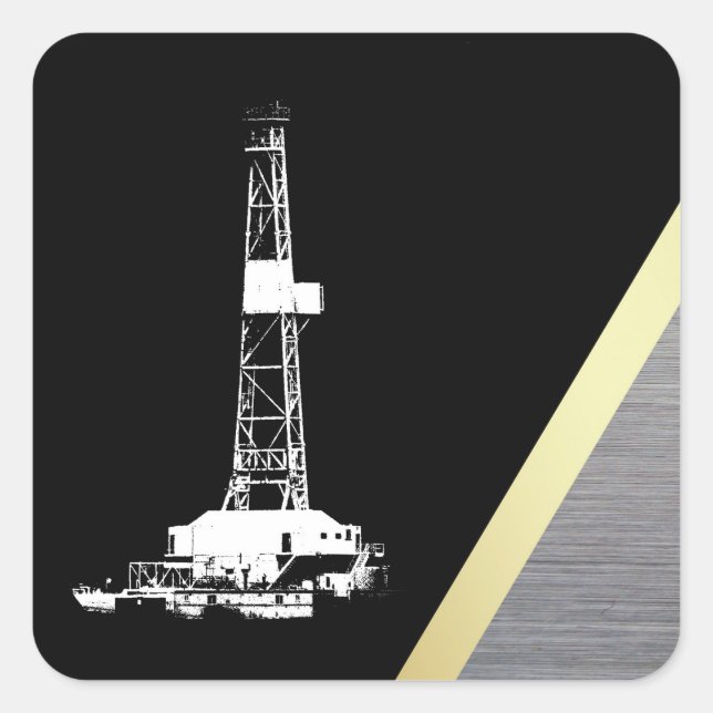 Oil Drilling Rig On Black, Gold, Metal Look Square Sticker (Front)