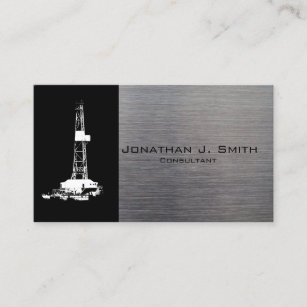 Oil Drilling Rig Silhouette, Metal Look Business Card