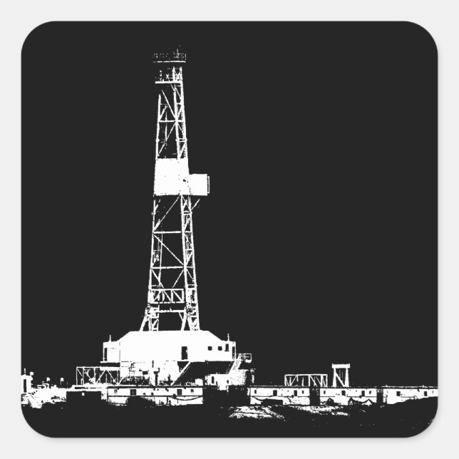 Oil Drilling Rig White on Black Square Sticker (Front)