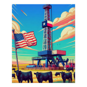 Oil Gas Drilling Scene Cattle And Flag Poster