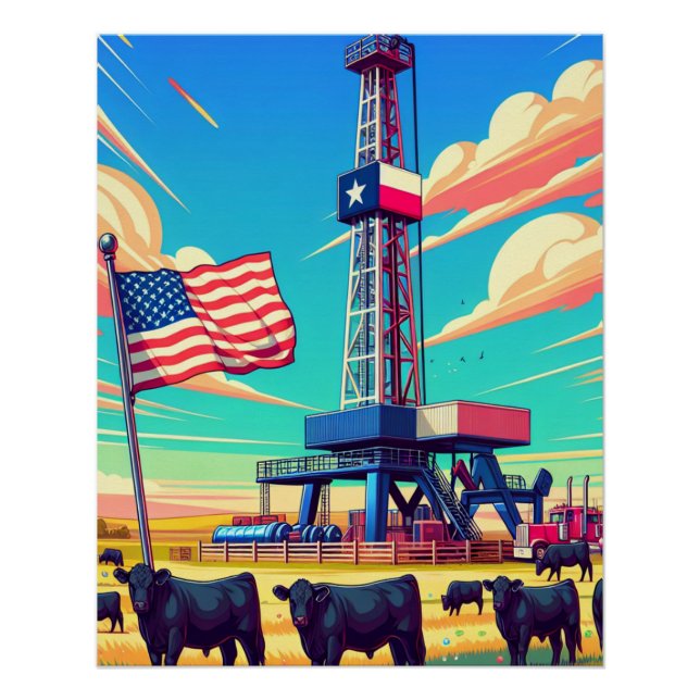 Oil Gas Drilling Scene Cattle And Flag Poster (Front)