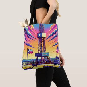 Oil Gas Drilling Scene Cattle And Flags Tote Bag