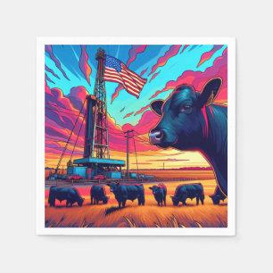 Oil Gas Rig At Sunset Cattle and American Flag 2 Napkin