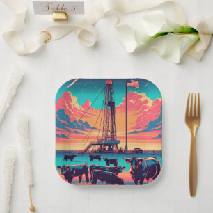  Oil Gas Rig At Sunset  Cattle and American Flag Paper Plate