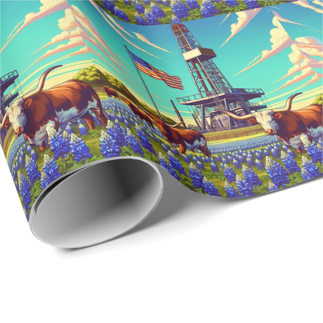  Oil Gas Rig Longhorn Cattle and American Flag  Wrapping Paper (Roll Corner)