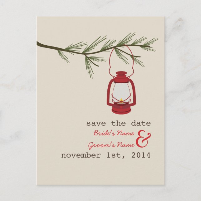 Oil Lamp Evergreen Tree Wedding Save The Date Announcement Postcard (Front)