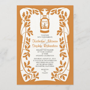 Oil Lantern and Oak Tree Leaves Wedding Invitation
