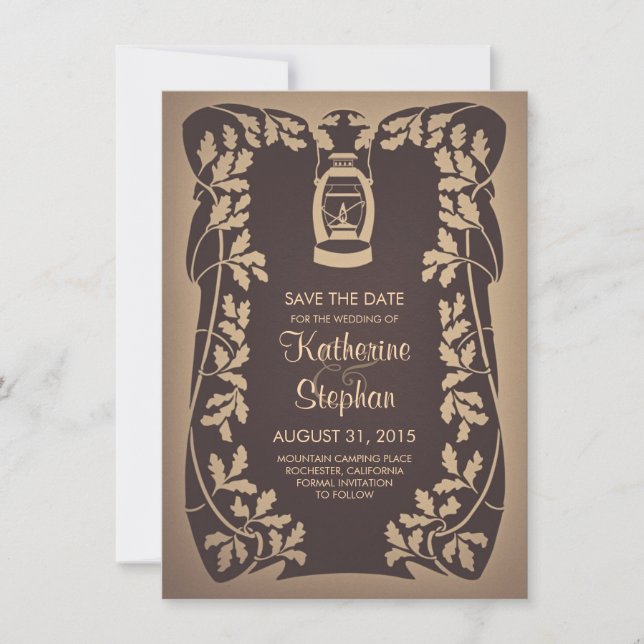 Oil lantern & oak tree leaves save the date cards (Front)