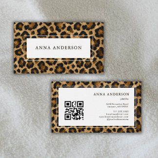 Oil Paint Leopard Animal Print Earth Tones QR Code Business Card