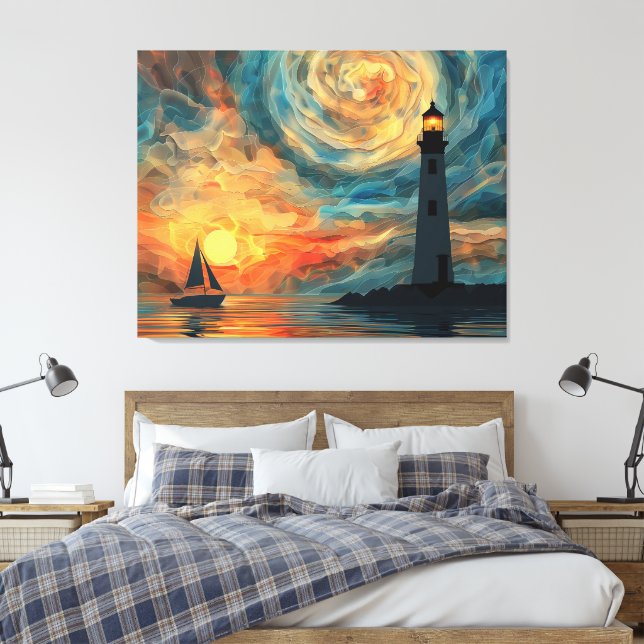 Oil Paint Sunset Lighthouse  Canvas Print (Insitu(Bedroom))