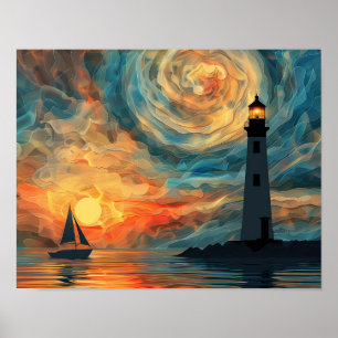 Oil Paint Sunset Lighthouse  Poster