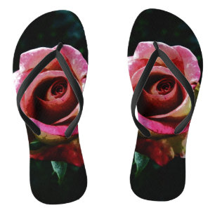 Oil painted red rose flip flops