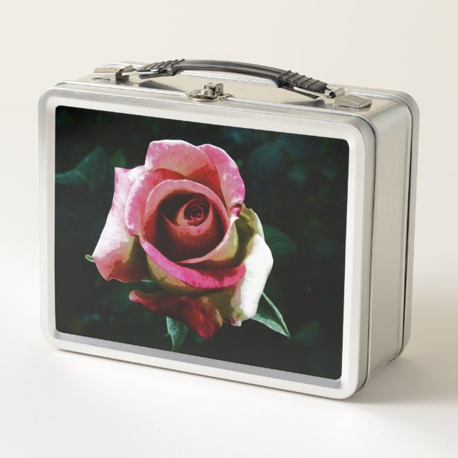 Oil painted red rose metal lunch box (Front)