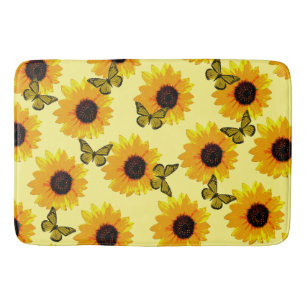 Oil Painted Sunflowers And Butterflies, Bath Mat