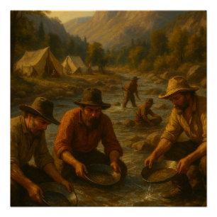Oil painting depicting the American Gold Rush Poster