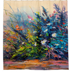 Oil painting flowers, cornflower, daisy in fields.