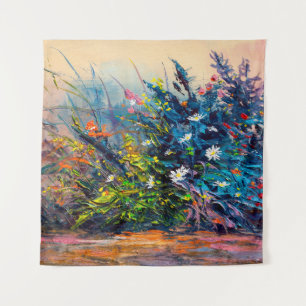 Oil painting flowers, cornflower, daisy in fields. tapestry